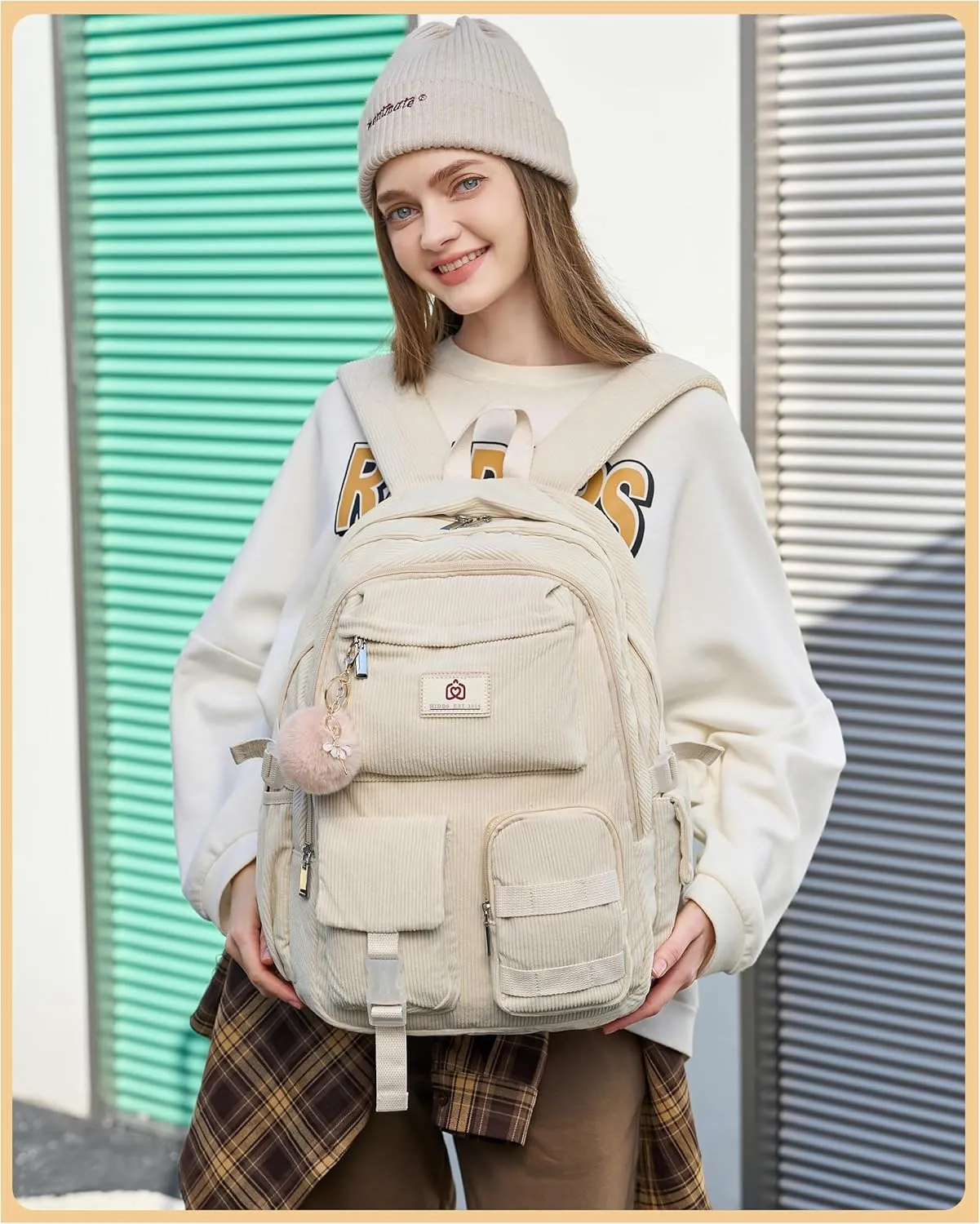School Backpack for Teens Girls Women 15.6 Inch Laptop College Backpacks Corduroy Work Bag Kids Elementary Middle High Campus Bookbag Students Back Pack Anti Theft Travel Daypack Womens - Beige