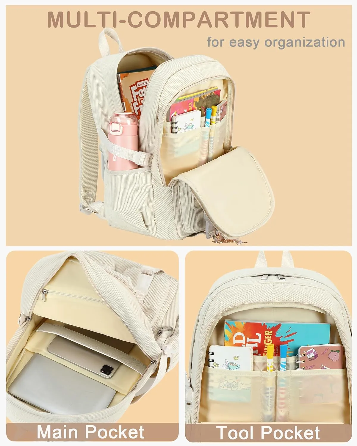 School Backpack for Teens Girls Women 15.6 Inch Laptop College Backpacks Corduroy Work Bag Kids Elementary Middle High Campus Bookbag Students Back Pack Anti Theft Travel Daypack Womens - Beige