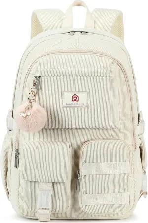 School Backpack for Teens Girls Women 15.6 Inch Laptop College Backpacks Corduroy Work Bag Kids Elementary Middle High Campus Bookbag Students Back Pack Anti Theft Travel Daypack Womens - Beige