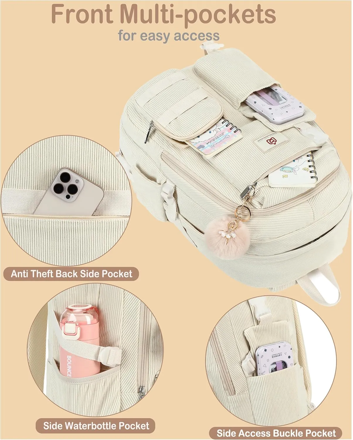 School Backpack for Teens Girls Women 15.6 Inch Laptop College Backpacks Corduroy Work Bag Kids Elementary Middle High Campus Bookbag Students Back Pack Anti Theft Travel Daypack Womens - Beige