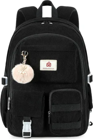 School Backpack for Teens Girls Women 15.6 Inch Laptop College Backpacks Corduroy Work Bag Kids Elementary Middle High Campus Bookbag Students Back Pack Anti Theft Travel Daypack Womens - Black