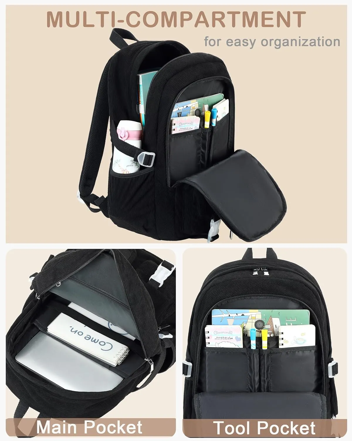 School Backpack for Teens Girls Women 15.6 Inch Laptop College Backpacks Corduroy Work Bag Kids Elementary Middle High Campus Bookbag Students Back Pack Anti Theft Travel Daypack Womens - Black