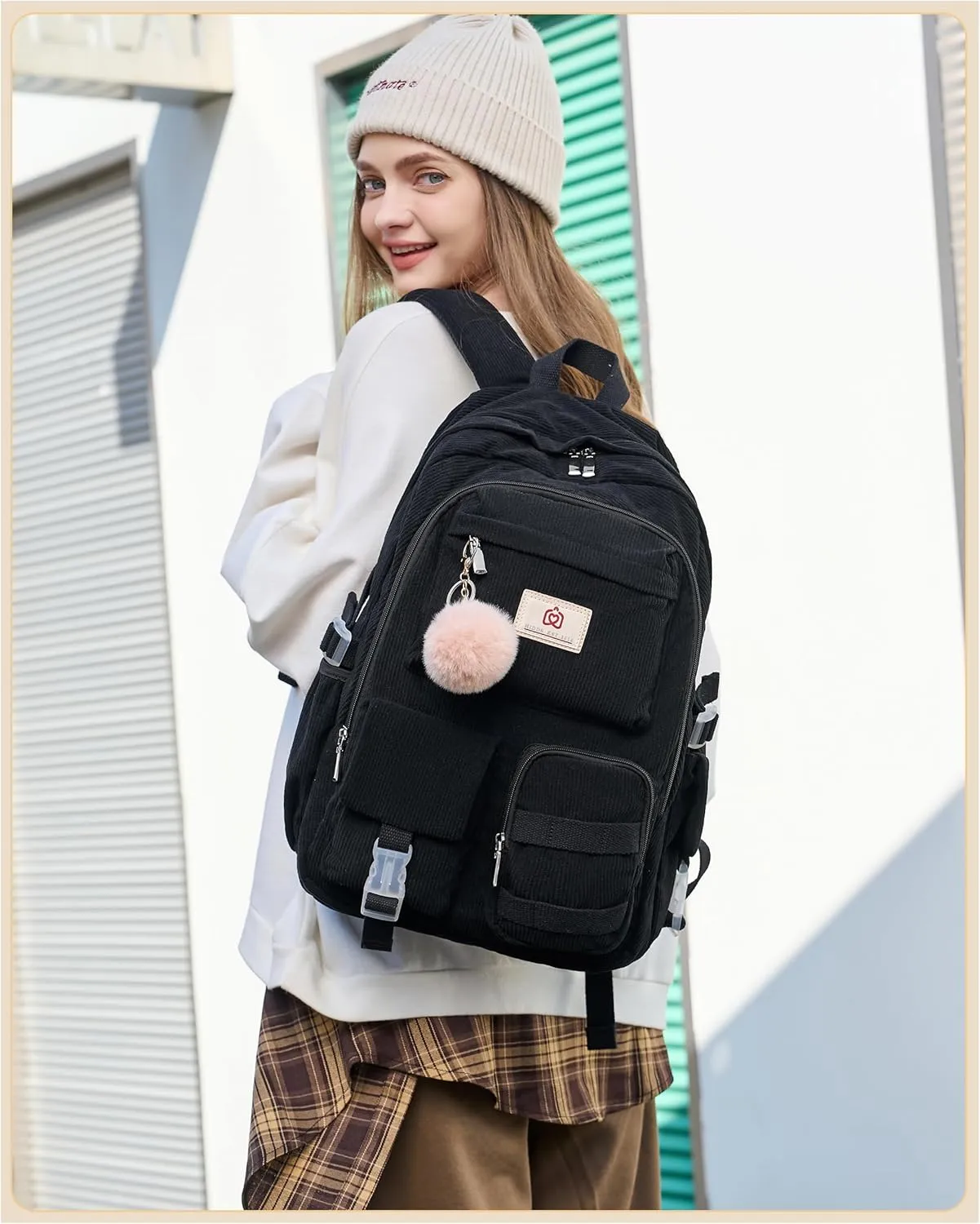 School Backpack for Teens Girls Women 15.6 Inch Laptop College Backpacks Corduroy Work Bag Kids Elementary Middle High Campus Bookbag Students Back Pack Anti Theft Travel Daypack Womens - Black