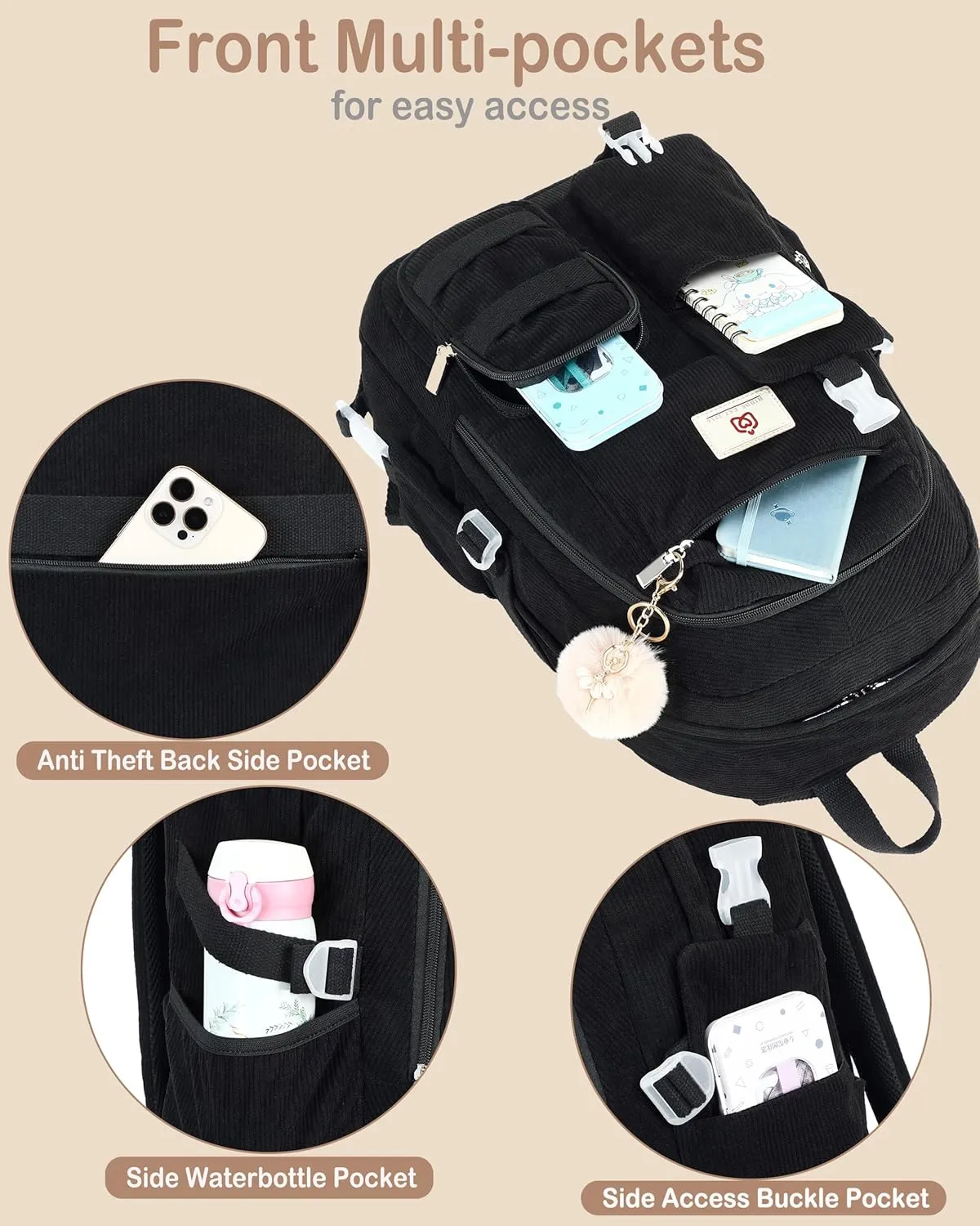 School Backpack for Teens Girls Women 15.6 Inch Laptop College Backpacks Corduroy Work Bag Kids Elementary Middle High Campus Bookbag Students Back Pack Anti Theft Travel Daypack Womens - Black