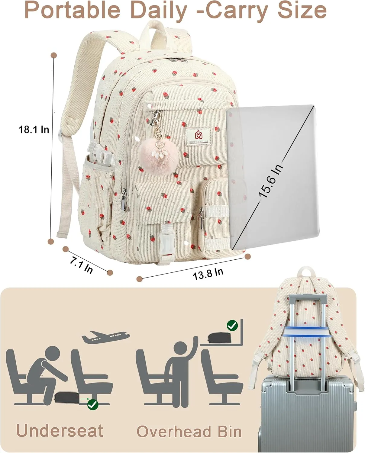 School Backpack for Teens Girls Women 15.6 Inch Laptop College Backpacks Corduroy Work Bag Kids Elementary Middle High Campus Bookbag Students Pack Travel Daypack Womens - Beige Strawberries