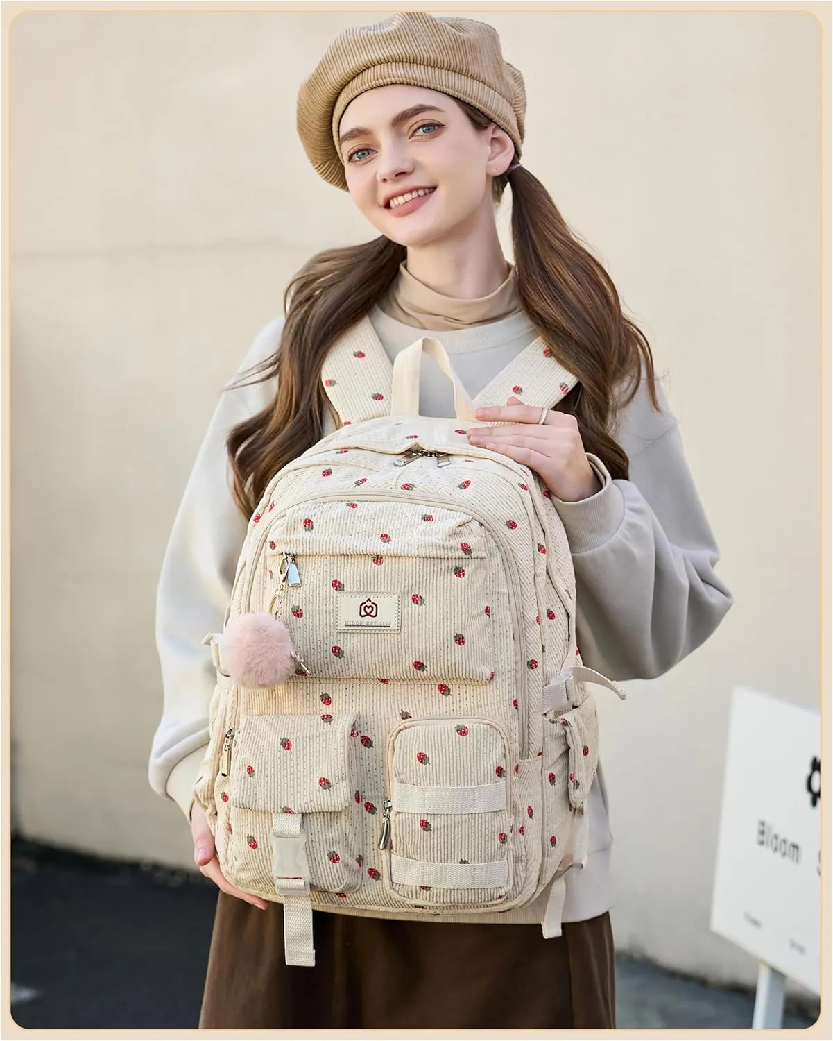 School Backpack for Teens Girls Women 15.6 Inch Laptop College Backpacks Corduroy Work Bag Kids Elementary Middle High Campus Bookbag Students Pack Travel Daypack Womens - Beige Strawberries