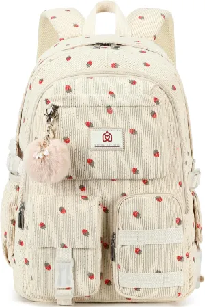 School Backpack for Teens Girls Women 15.6 Inch Laptop College Backpacks Corduroy Work Bag Kids Elementary Middle High Campus Bookbag Students Pack Travel Daypack Womens - Beige Strawberries