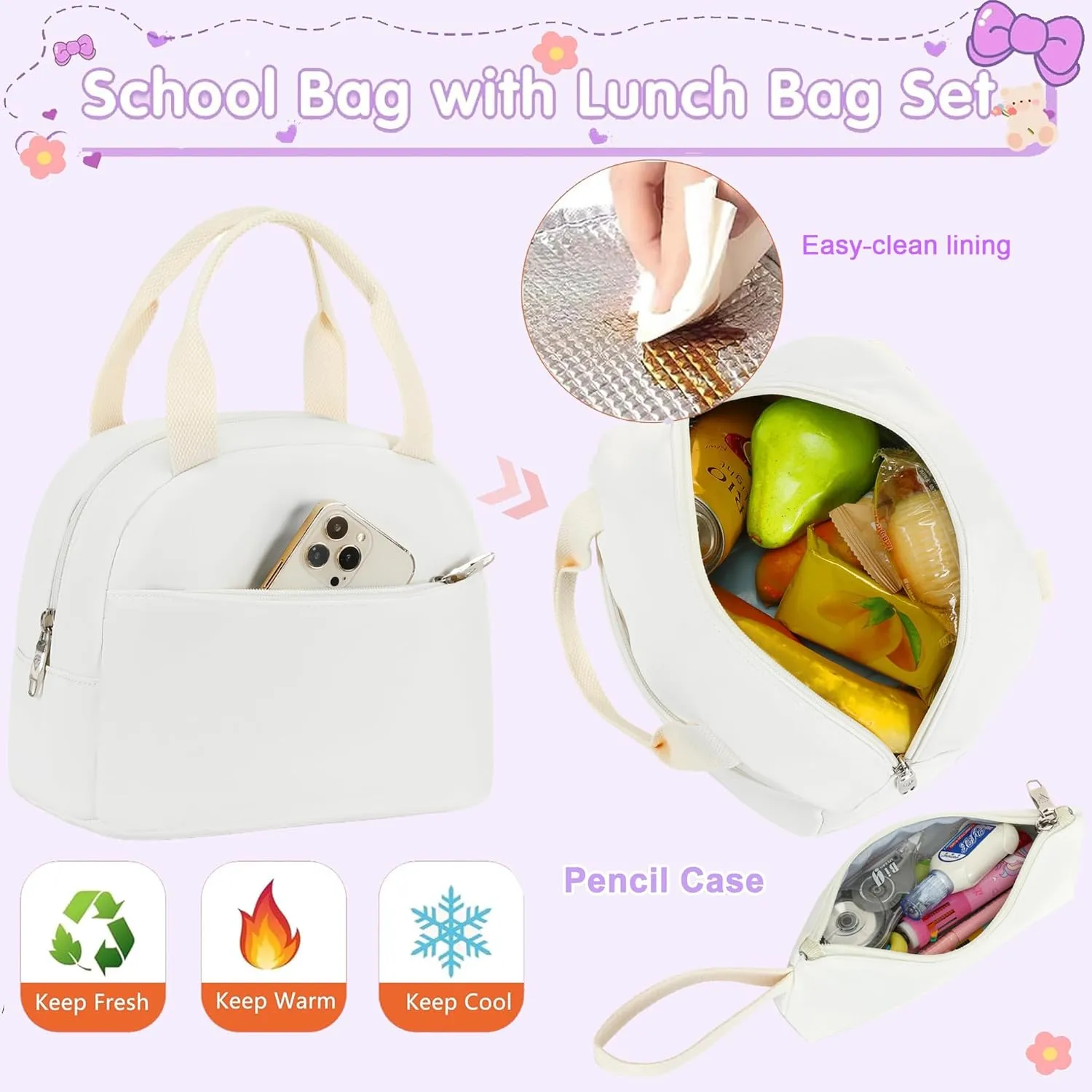 School Bag for Teens Girls,Girls Backpack Set,3 PCS Kids Backpack for Women,15.6 Inch Laptop Middle High School College Student Casual Travel Daypack with Lunch Box Pencil Pouch Set(Beige)