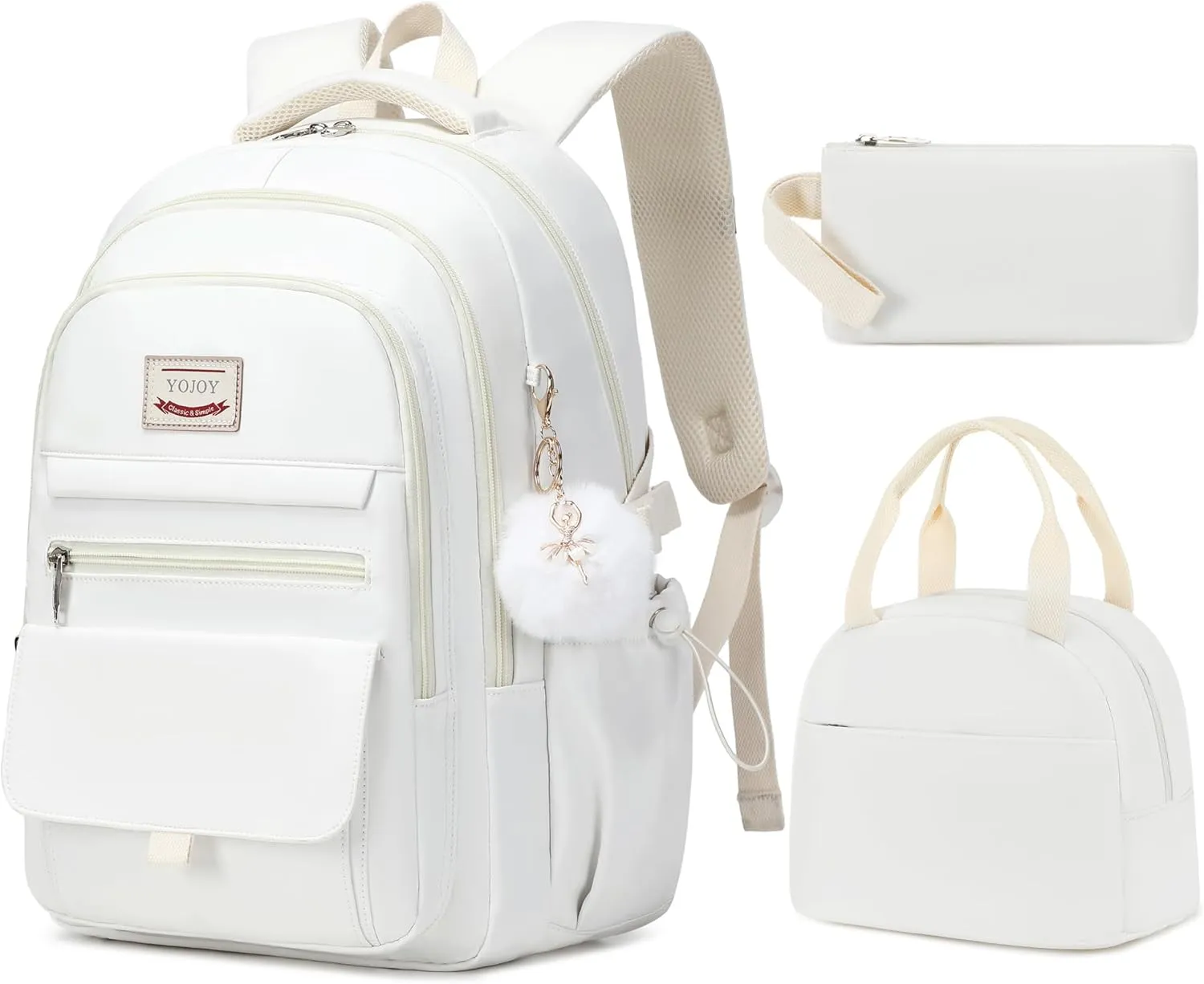 School Bag for Teens Girls,Girls Backpack Set,3 PCS Kids Backpack for Women,15.6 Inch Laptop Middle High School College Student Casual Travel Daypack with Lunch Box Pencil Pouch Set(Beige)