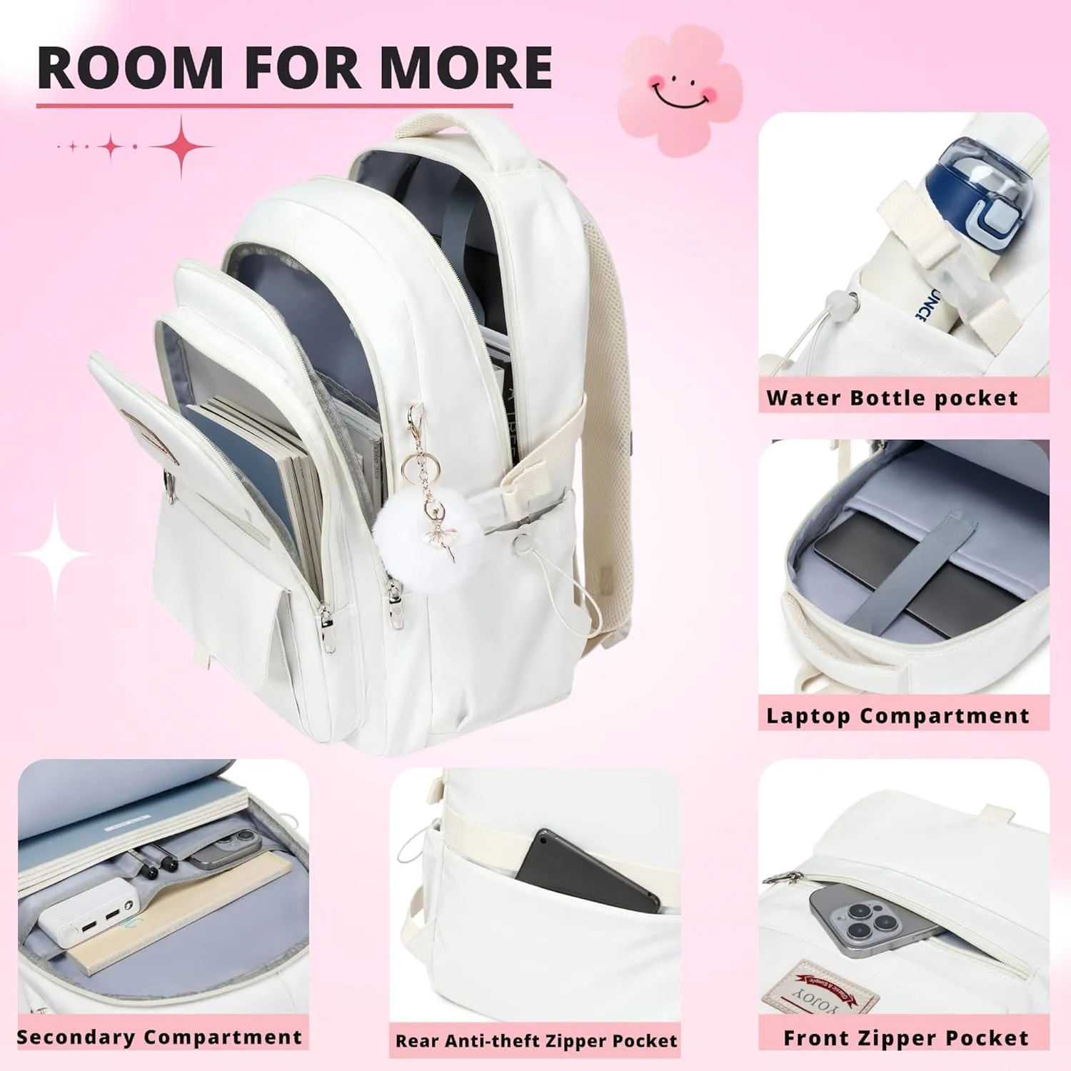School Bag for Teens Girls,Girls Backpack Set,3 PCS Kids Backpack for Women,15.6 Inch Laptop Middle High School College Student Casual Travel Daypack with Lunch Box Pencil Pouch Set(Beige)