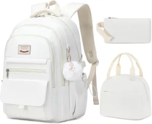 School Bag for Teens Girls,Girls Backpack Set,3 PCS Kids Backpack for Women,15.6 Inch Laptop Middle High School College Student Casual Travel Daypack with Lunch Box Pencil Pouch Set(Beige)