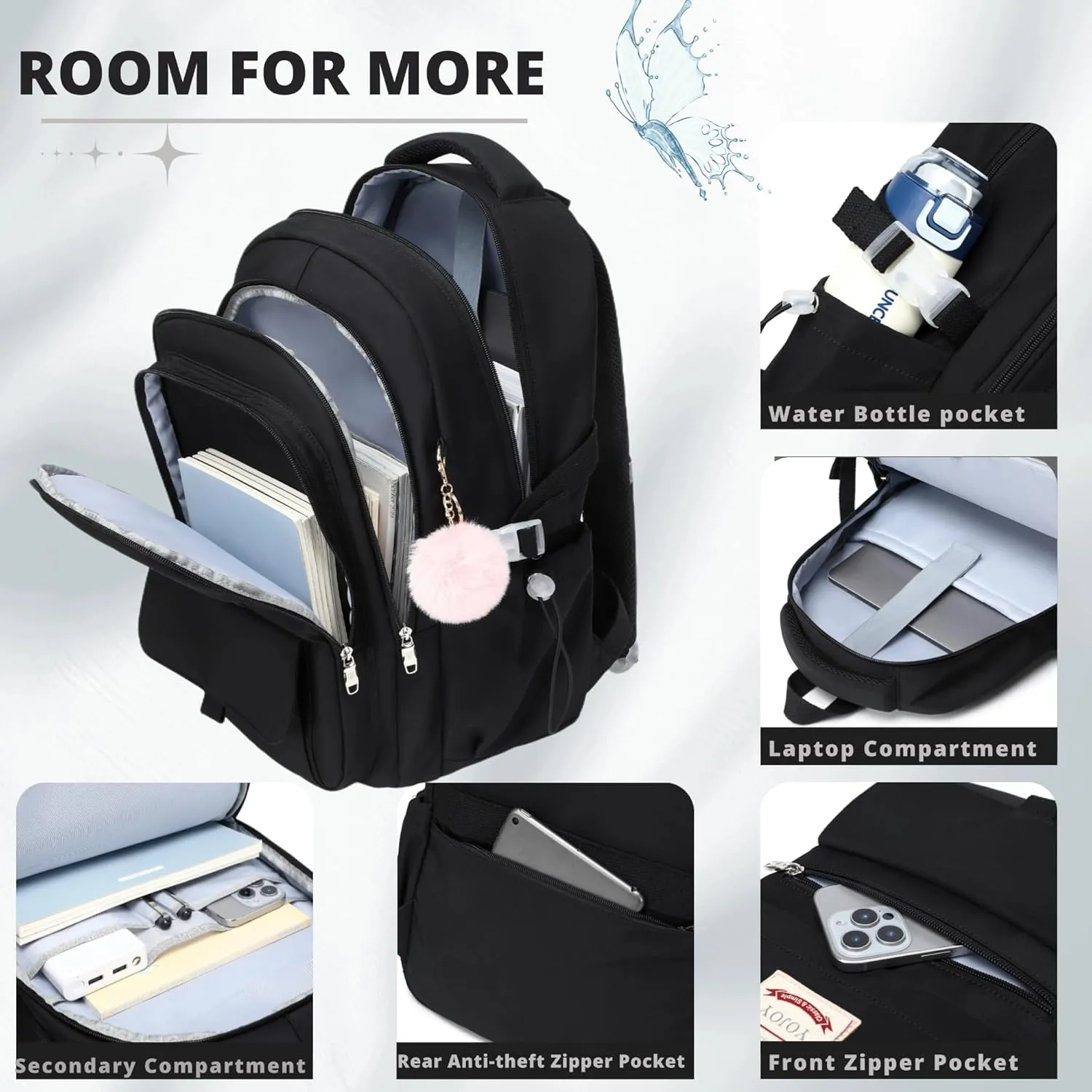 School Bag for Teens Girls,Girls Backpack Set,3 PCS Kids Backpack for Women,15.6 Inch Laptop Middle High School College Student Casual Travel Daypack with Lunch Box Pencil Pouch Set(Black)