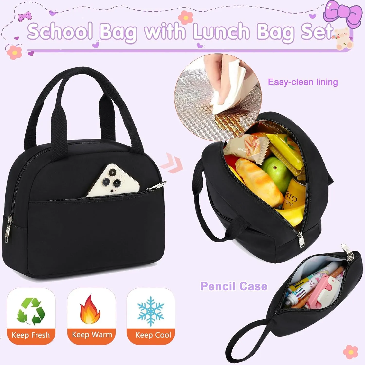 School Bag for Teens Girls,Girls Backpack Set,3 PCS Kids Backpack for Women,15.6 Inch Laptop Middle High School College Student Casual Travel Daypack with Lunch Box Pencil Pouch Set(Black)
