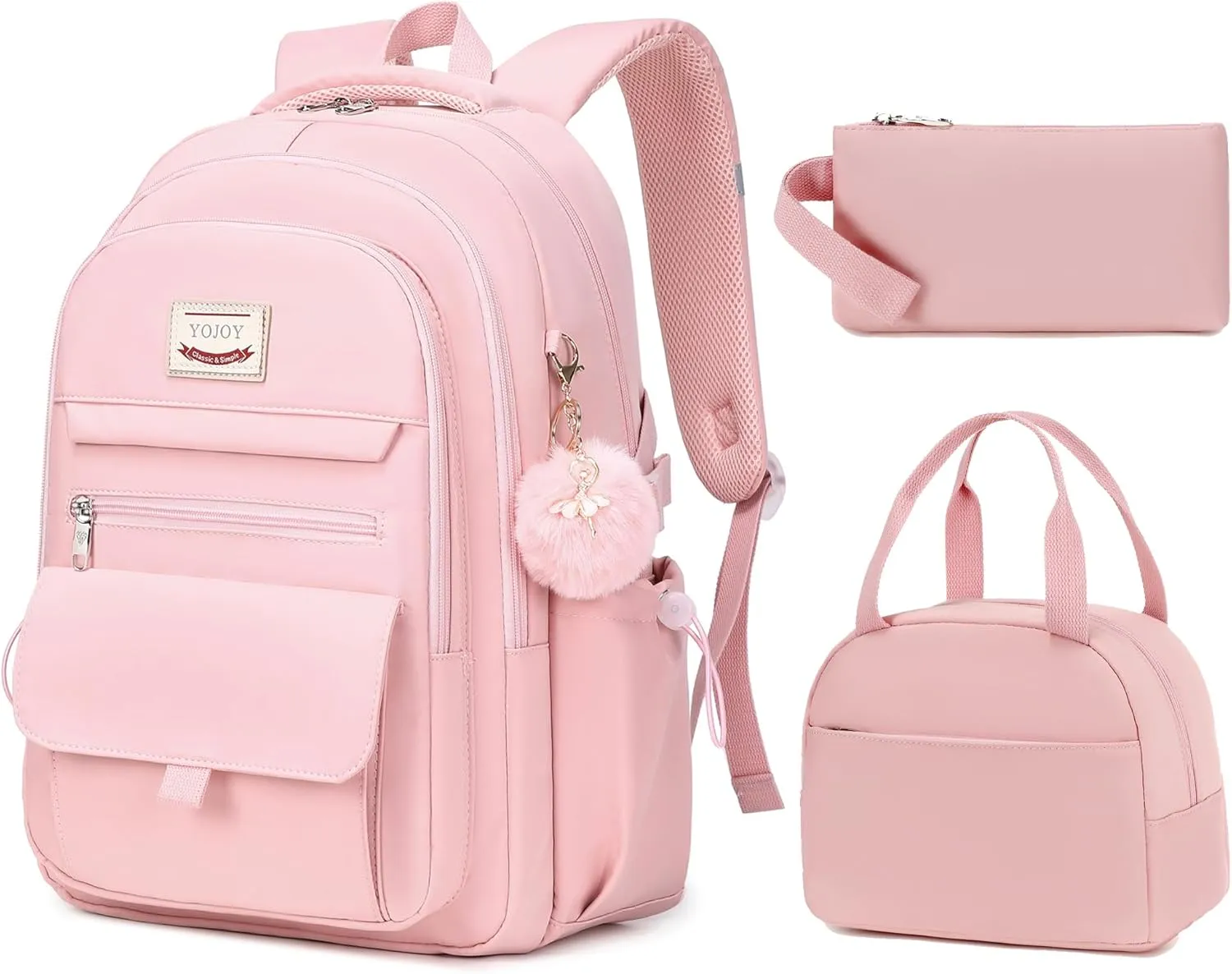 School Bag for Teens Girls,Girls Backpack Set,3 PCS Kids Backpack for Women,15.6 Inch Laptop Middle High School College Student Casual Travel Daypack with Lunch Box Pencil Pouch Set(Pink)