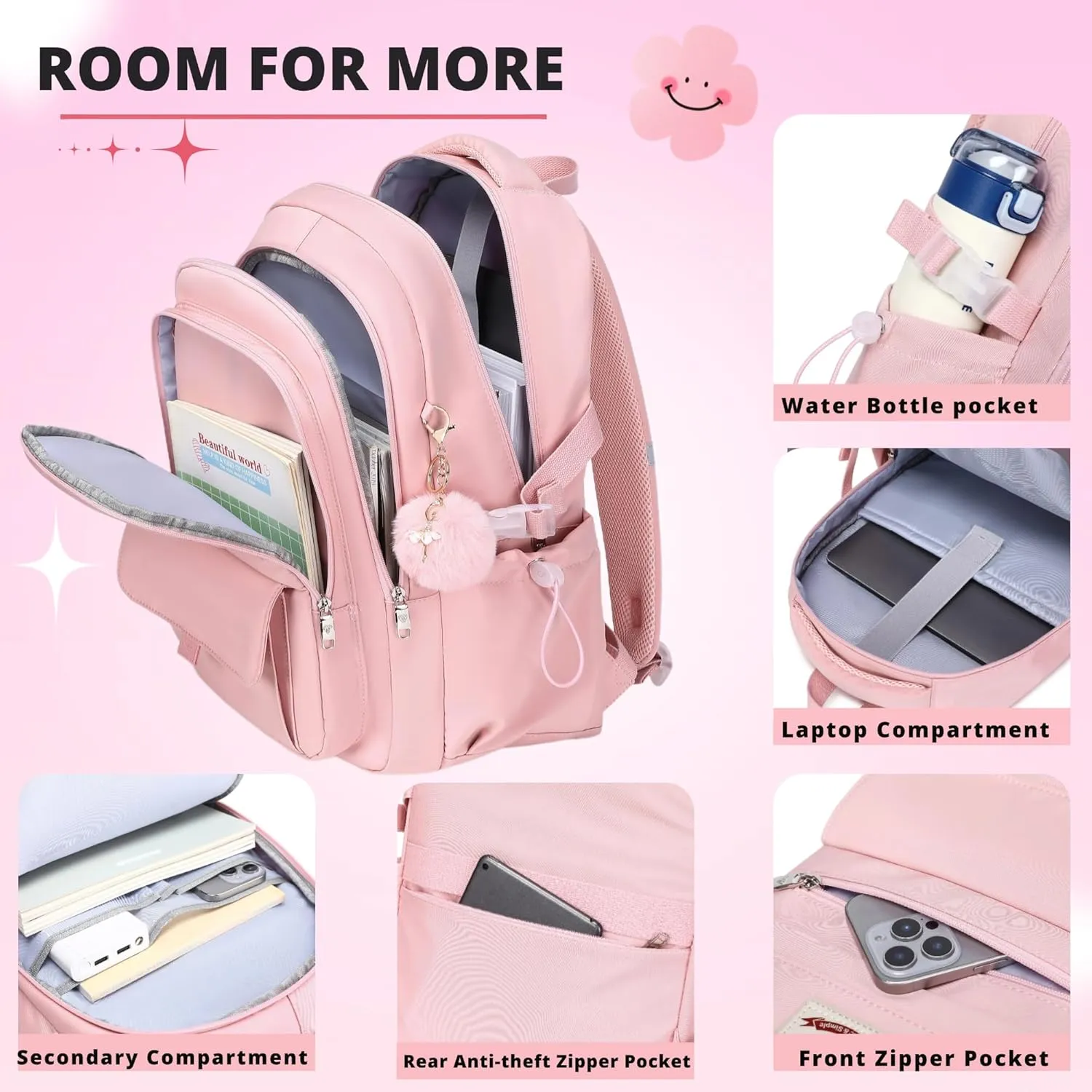 School Bag for Teens Girls,Girls Backpack Set,3 PCS Kids Backpack for Women,15.6 Inch Laptop Middle High School College Student Casual Travel Daypack with Lunch Box Pencil Pouch Set(Pink)