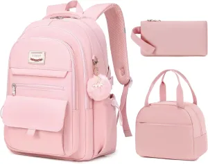 School Bag for Teens Girls,Girls Backpack Set,3 PCS Kids Backpack for Women,15.6 Inch Laptop Middle High School College Student Casual Travel Daypack with Lunch Box Pencil Pouch Set(Pink)