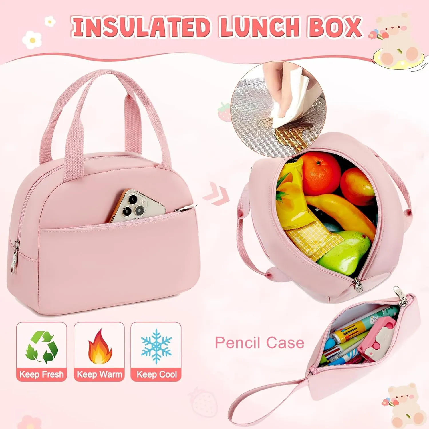 School Bag for Teens Girls,Girls Backpack Set,3 PCS Kids Backpack for Women,15.6 Inch Laptop Middle High School College Student Casual Travel Daypack with Lunch Box Pencil Pouch Set(Pink)