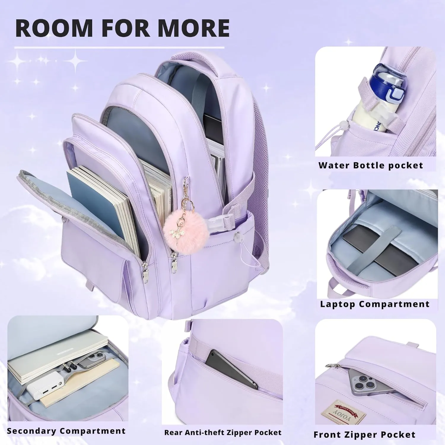 School Bag for Teens Girls,Girls Backpack Set,3 PCS Kids Backpack for Women,15.6 Inch Laptop Middle High School College Student Casual Travel Daypack with Lunch Box Pencil Pouch Set(Purple)