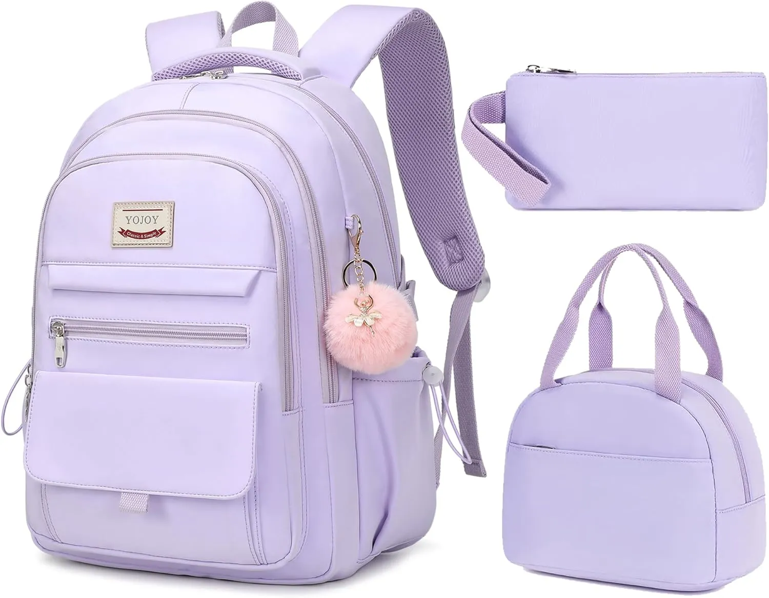 School Bag for Teens Girls,Girls Backpack Set,3 PCS Kids Backpack for Women,15.6 Inch Laptop Middle High School College Student Casual Travel Daypack with Lunch Box Pencil Pouch Set(Purple)
