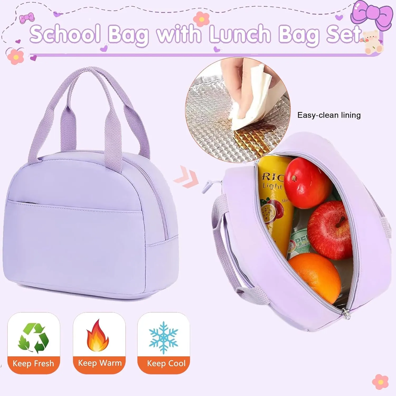 School Bag for Teens Girls,Girls Backpack Set,3 PCS Kids Backpack for Women,15.6 Inch Laptop Middle High School College Student Casual Travel Daypack with Lunch Box Pencil Pouch Set(Purple)
