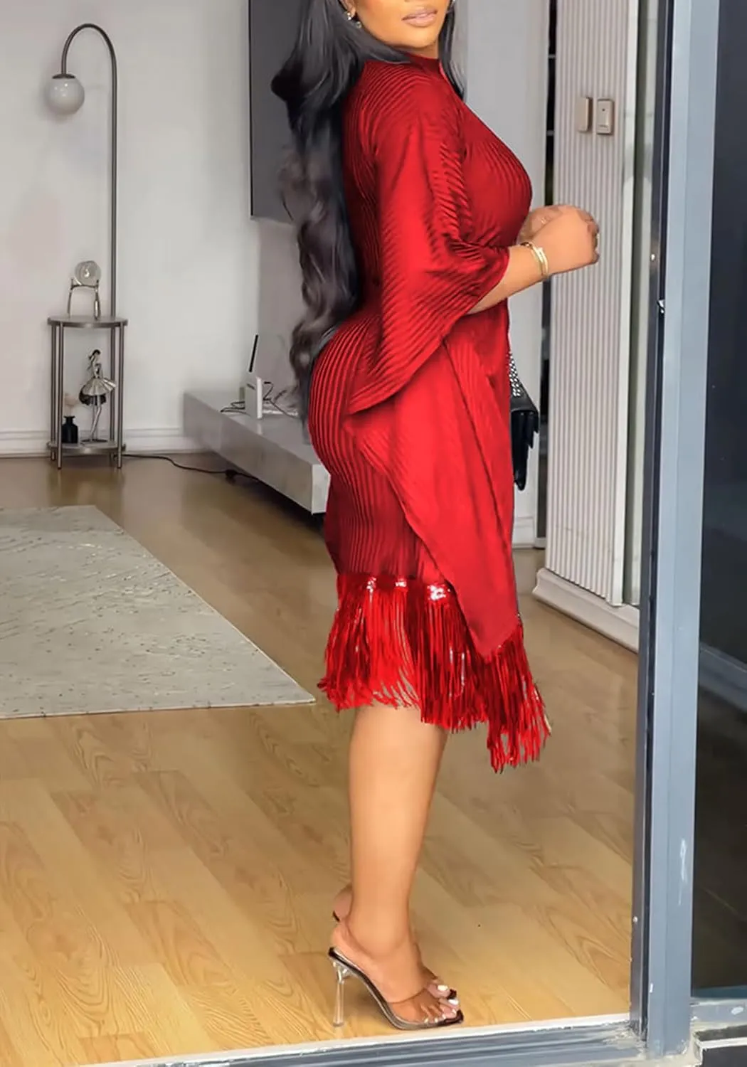 Seltaon Elegant Dress for Women Formal Batwing Sleeve Sparkle Fringe Swing Midi Dresses Cocktail Party Plus Size