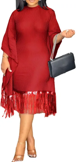 Seltaon Elegant Dress for Women Formal Batwing Sleeve Sparkle Fringe Swing Midi Dresses Cocktail Party Plus Size