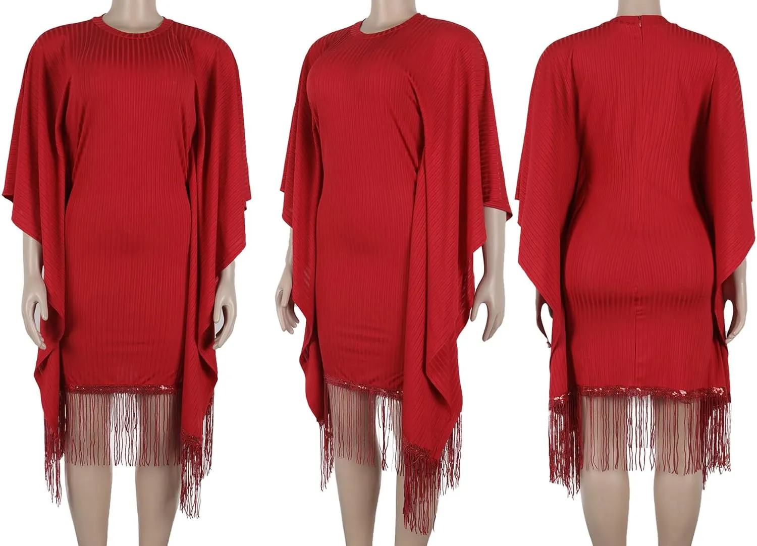 Seltaon Elegant Dress for Women Formal Batwing Sleeve Sparkle Fringe Swing Midi Dresses Cocktail Party Plus Size