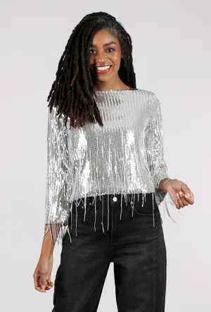 Sequin Fringe Top, Silver
