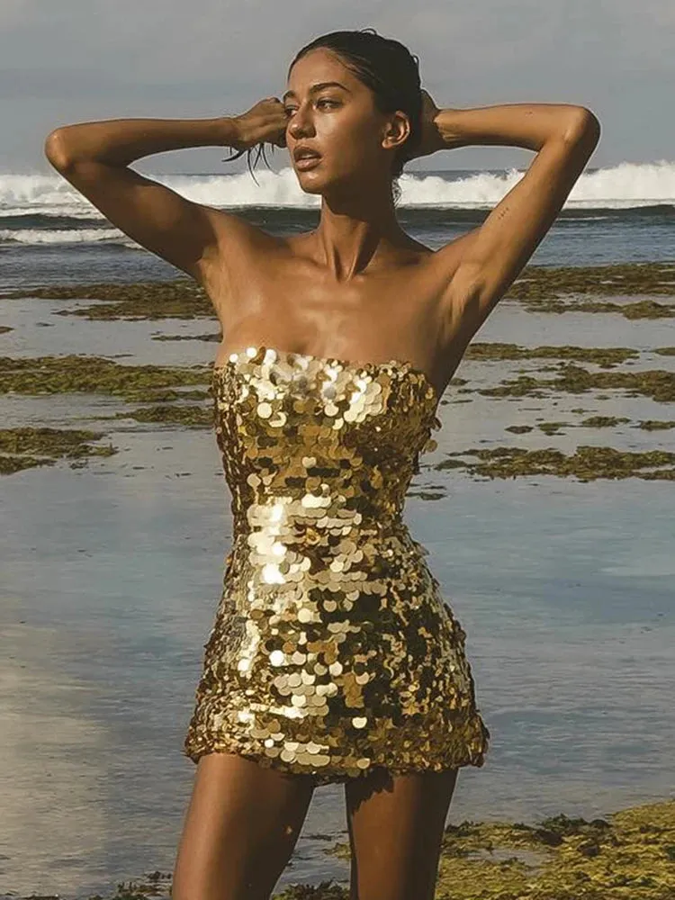 Sequins Sparkling Strapless Sleeveless Mini Dress
