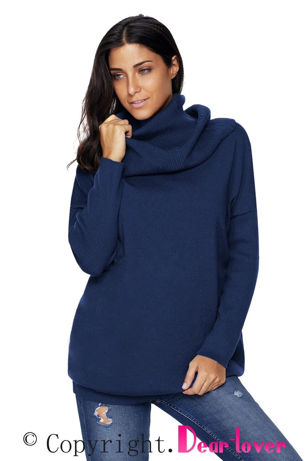 Sexy Navy Cozy Cowl Neck Long Sleeve Sweater