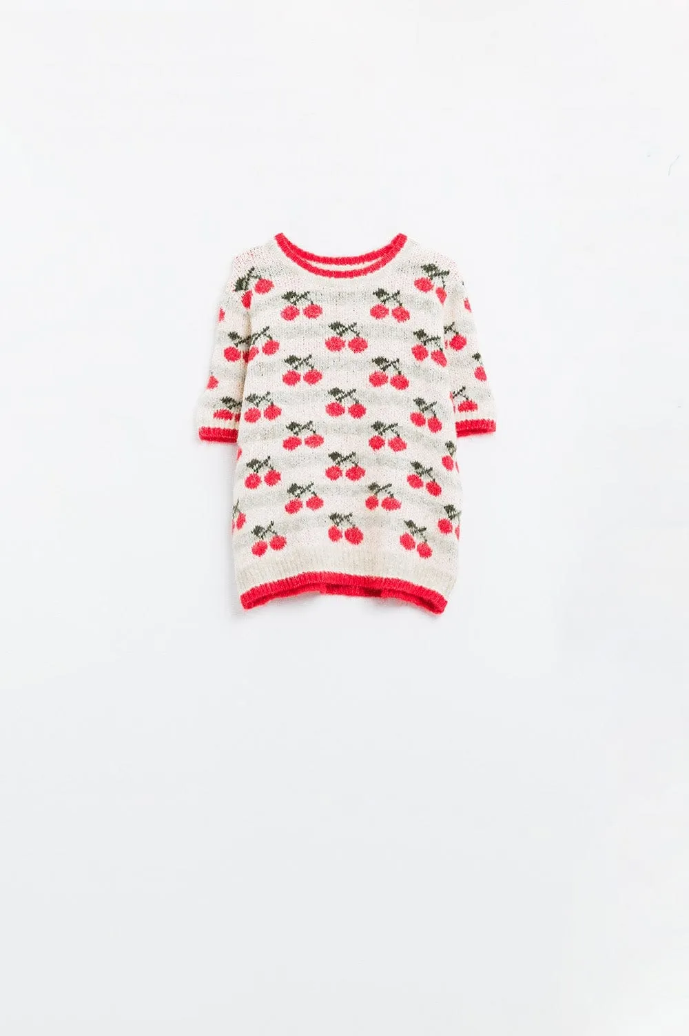 Short Sleeve Ecru Sweater With Cherry Print