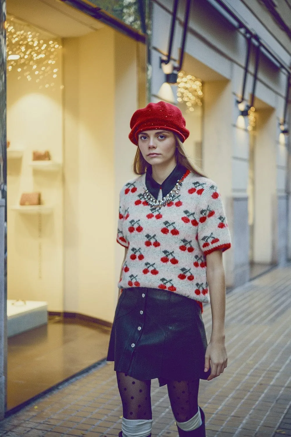 Short Sleeve Ecru Sweater With Cherry Print