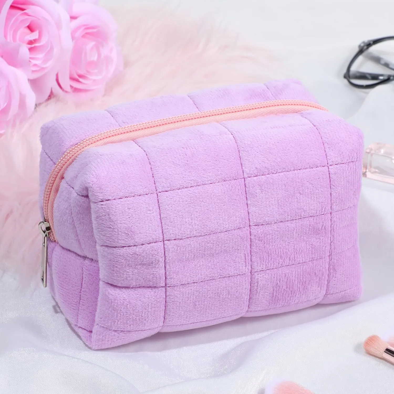Sibba Makeup Case Cosmetic Organizer Travel Toiletry Bags Skin Care Pouch Small Fluffy Purse Collection Traveling Makup (Purple)