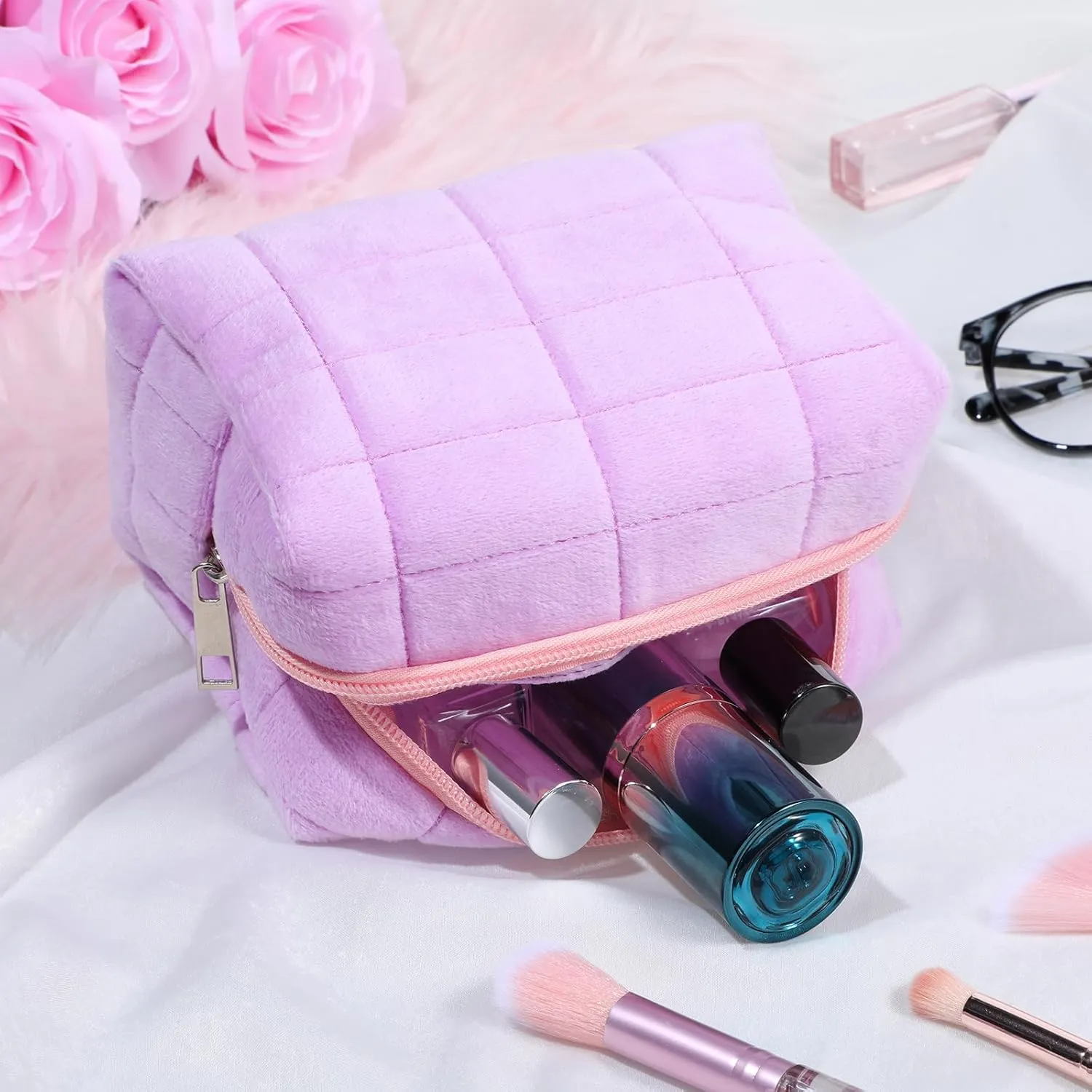 Sibba Makeup Case Cosmetic Organizer Travel Toiletry Bags Skin Care Pouch Small Fluffy Purse Collection Traveling Makup (Purple)