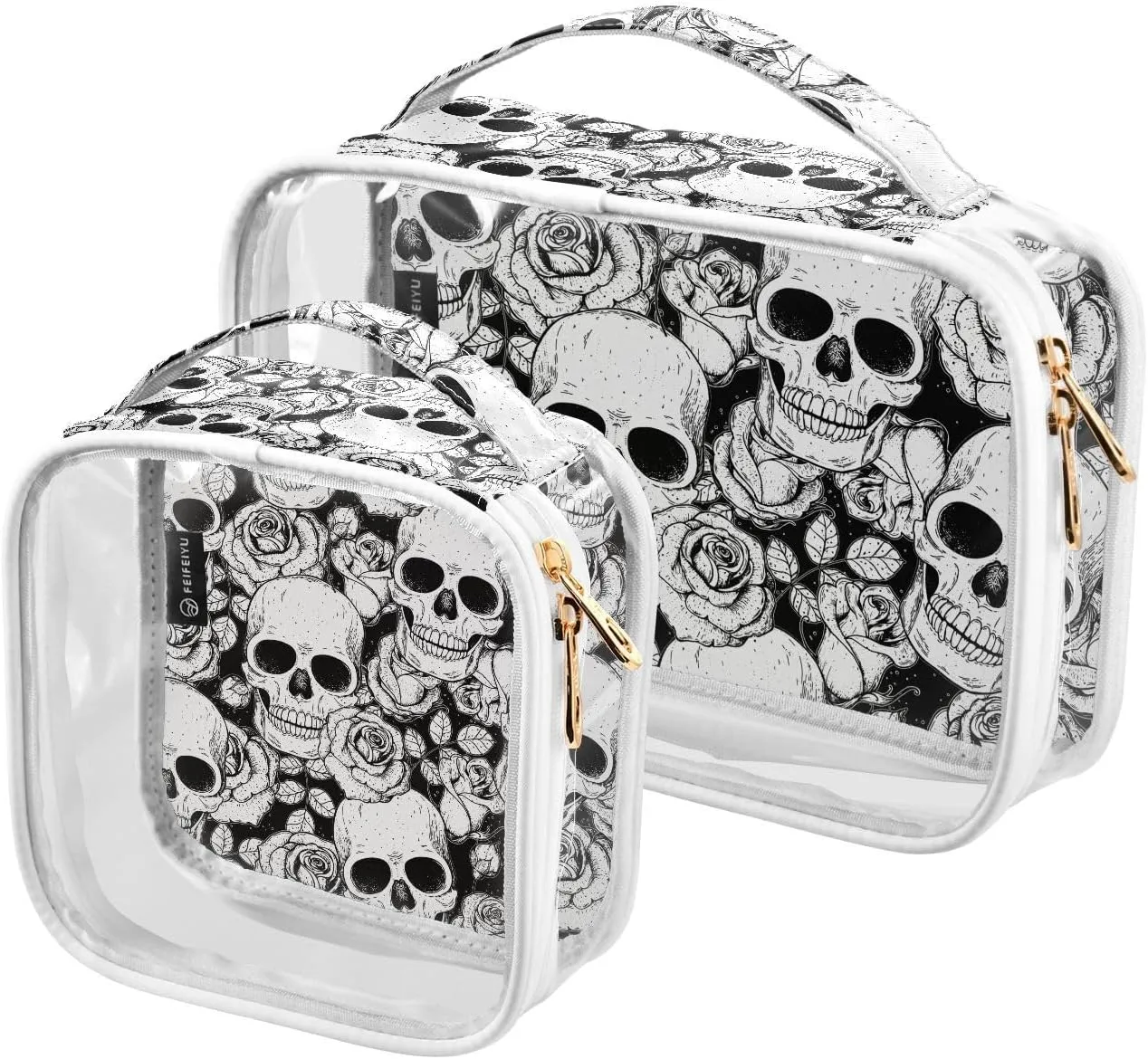 Skull Roses Black 2 Pieces Clear Makeup Cosmetic Toiletry Bags for Women Men PVC Waterproof Portable Travel Storage Carry Pouch with Gold Zippers Handbag Purse for Traveling Bathroom Organizing