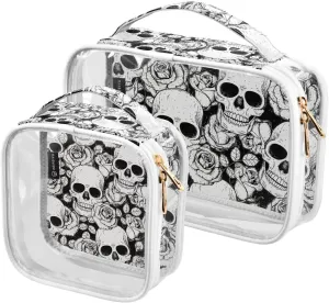 Skull Roses Black 2 Pieces Clear Makeup Cosmetic Toiletry Bags for Women Men PVC Waterproof Portable Travel Storage Carry Pouch with Gold Zippers Handbag Purse for Traveling Bathroom Organizing