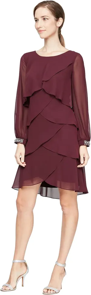 S.L. Fashions Women's Long-Sleeve Chiffon Cocktail Dress (Petite and Regular)