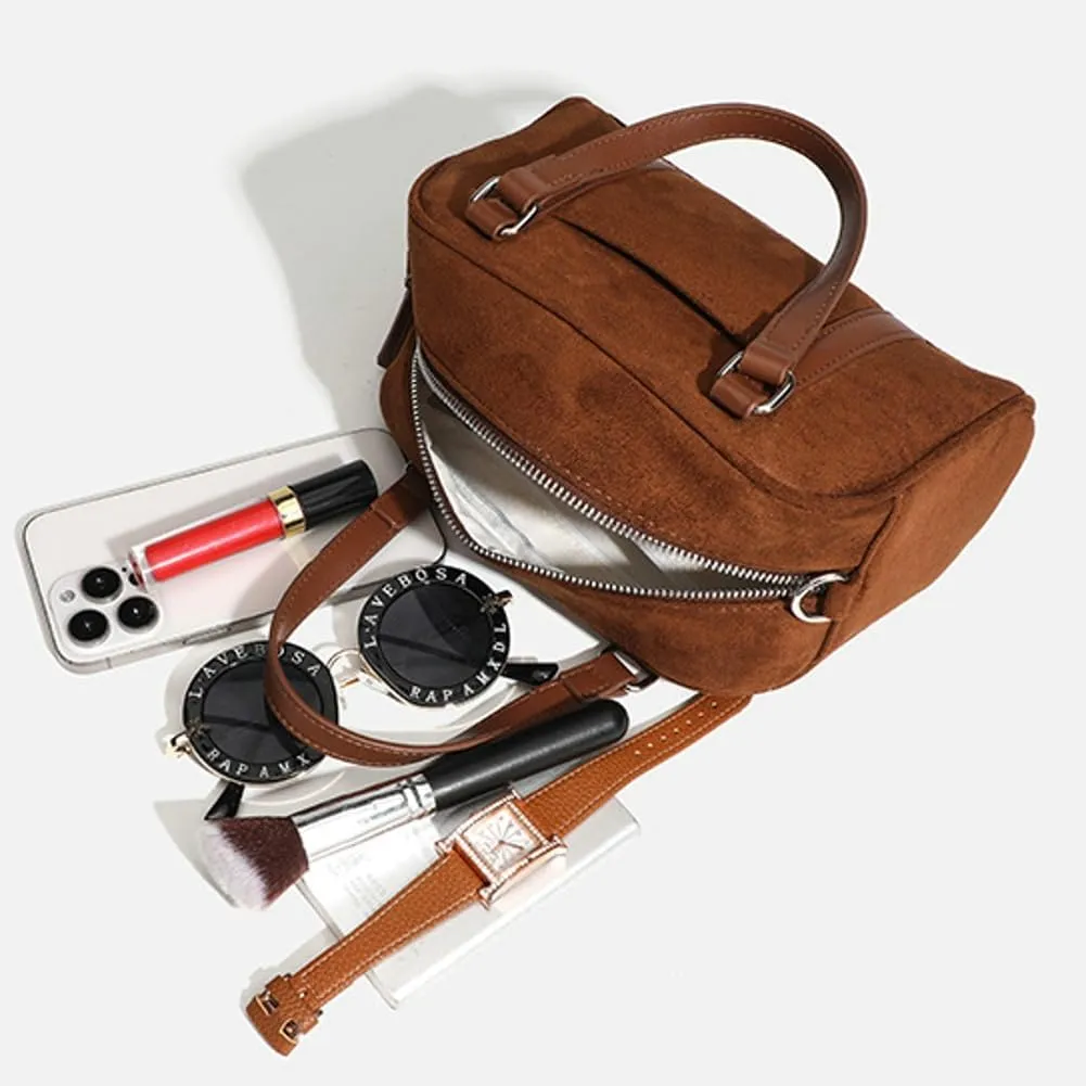 Small Suede Tote Bag for Women Faux Leather Shoulder Crossbody Purse Vintage Top Handle Satchels Working Handbag