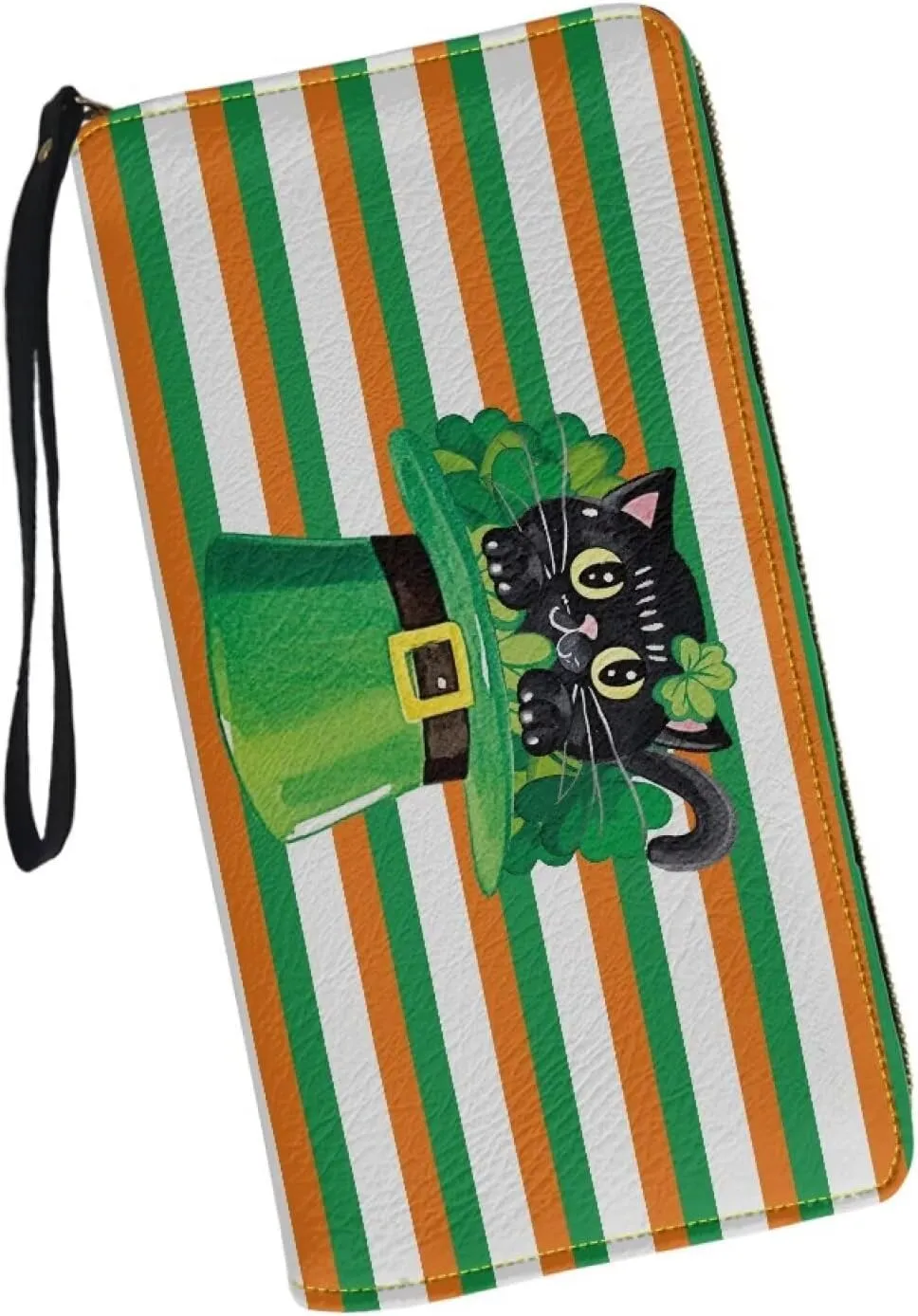 St Patrick's Day Women Long Wallet Convenient Zip Around Clutch Long Purse with Wristlet Strap Travel Credit Card Holder PU Leather Coin Pocket,Black Cat with Leprechaun Hat Shamrock Pattern