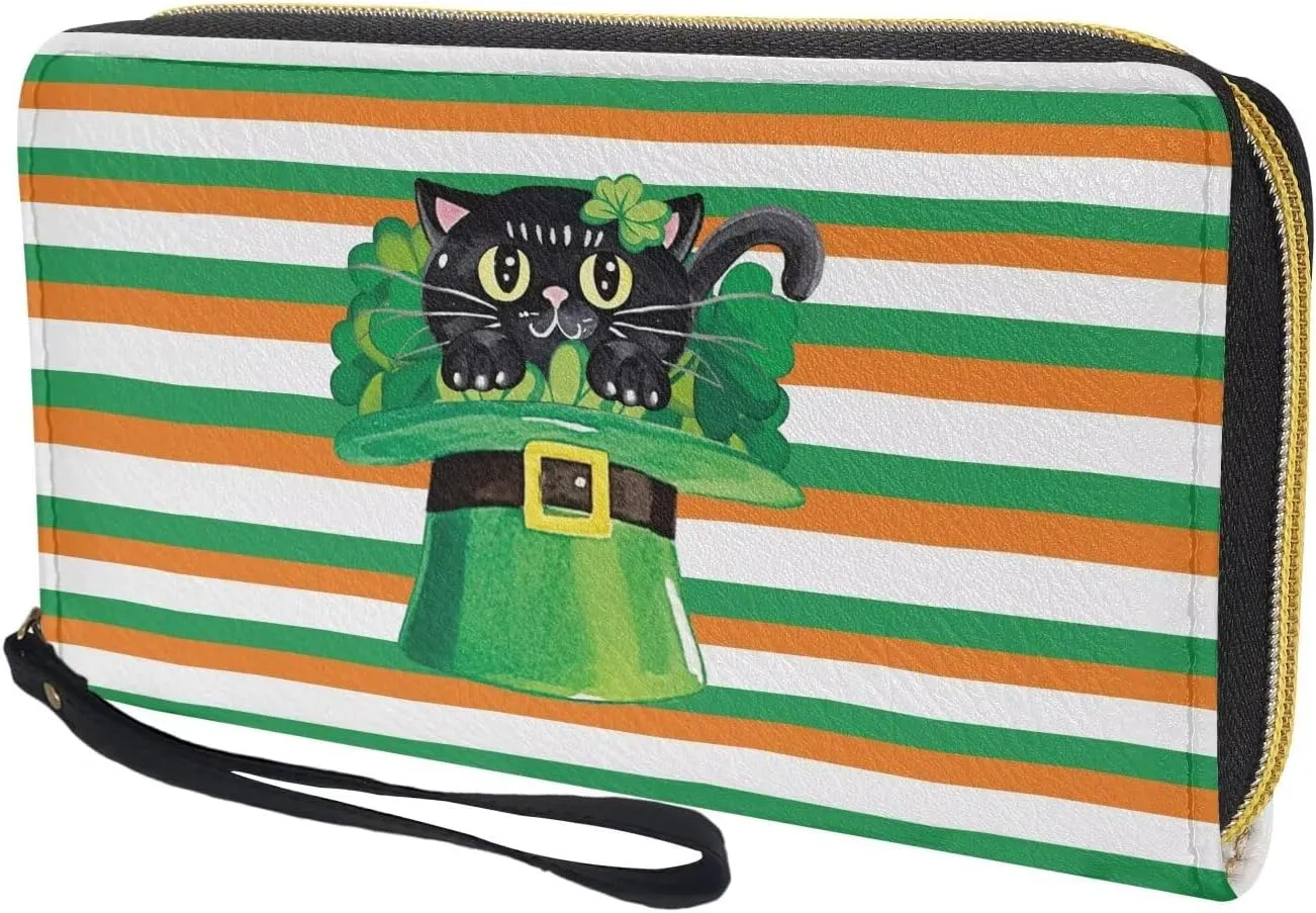 St Patrick's Day Women Long Wallet Convenient Zip Around Clutch Long Purse with Wristlet Strap Travel Credit Card Holder PU Leather Coin Pocket,Black Cat with Leprechaun Hat Shamrock Pattern