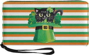 St Patrick's Day Women Long Wallet Convenient Zip Around Clutch Long Purse with Wristlet Strap Travel Credit Card Holder PU Leather Coin Pocket,Black Cat with Leprechaun Hat Shamrock Pattern