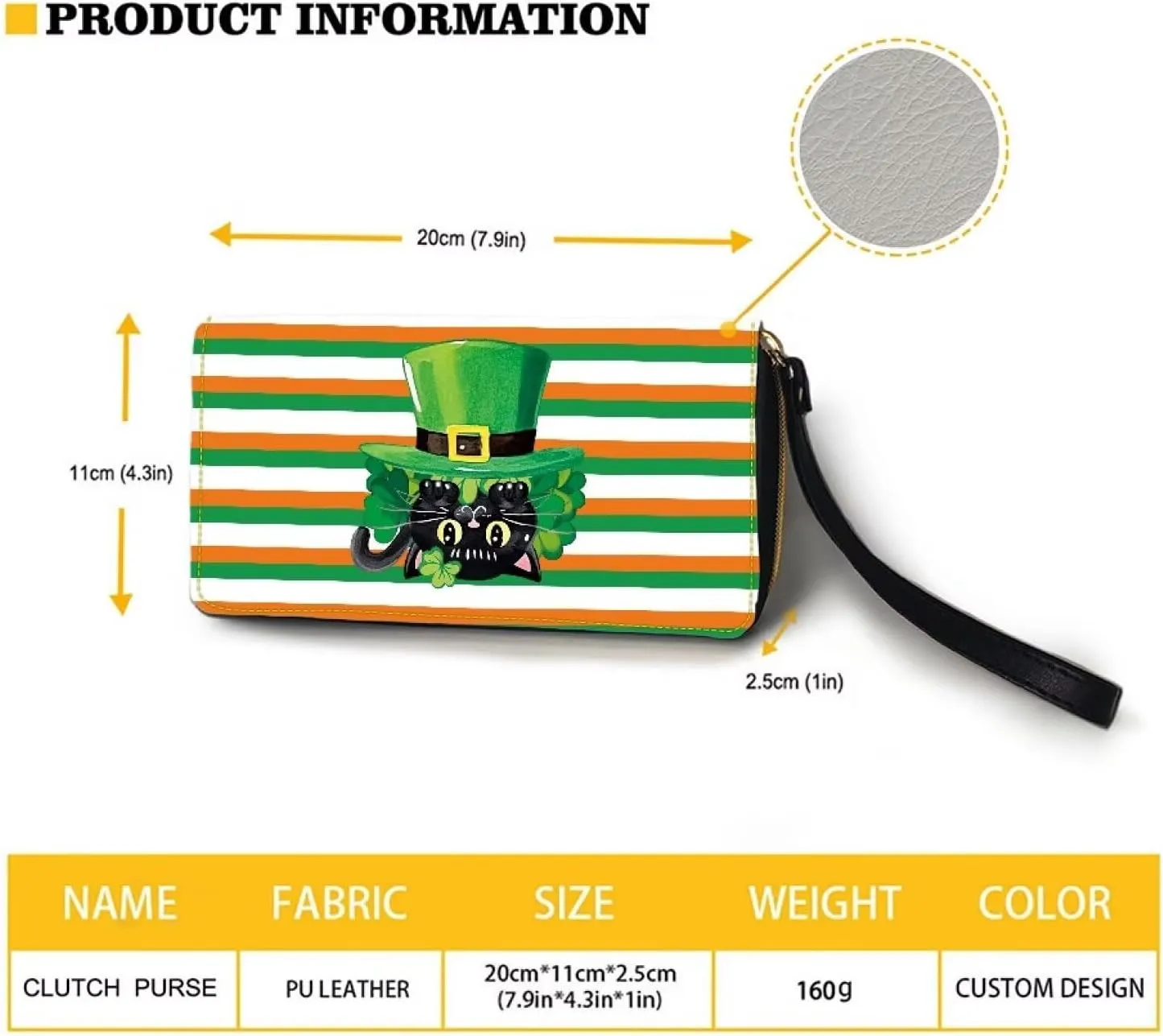 St Patrick's Day Women Long Wallet Convenient Zip Around Clutch Long Purse with Wristlet Strap Travel Credit Card Holder PU Leather Coin Pocket,Black Cat with Leprechaun Hat Shamrock Pattern