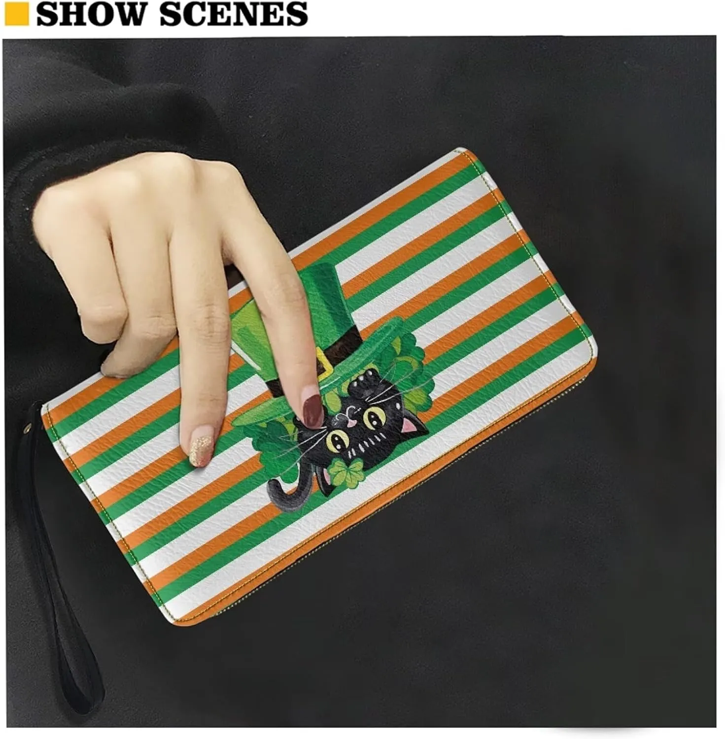 St Patrick's Day Women Long Wallet Convenient Zip Around Clutch Long Purse with Wristlet Strap Travel Credit Card Holder PU Leather Coin Pocket,Black Cat with Leprechaun Hat Shamrock Pattern