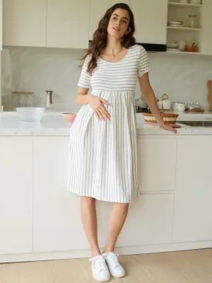 Striped Cotton Pleated Short Sleeve Maternity Midi Dress