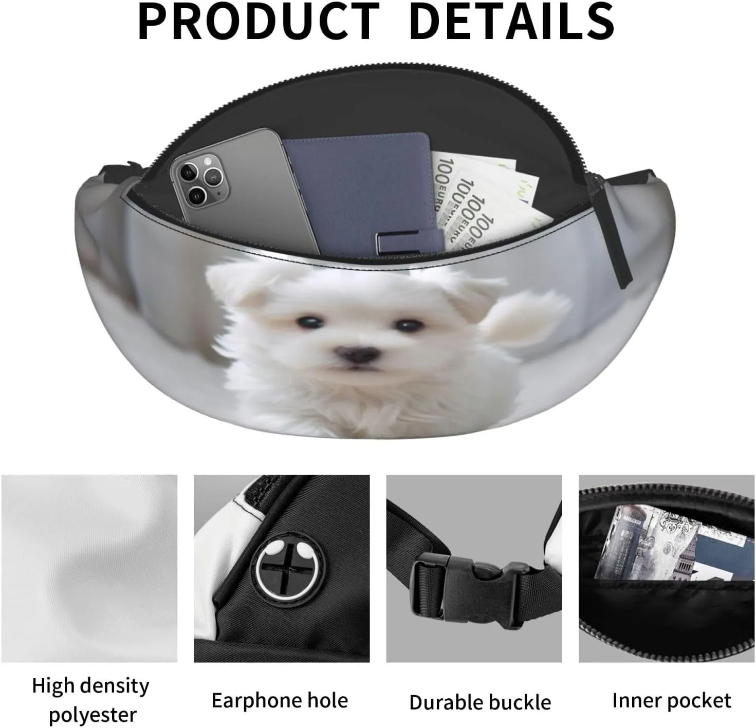 Stylish 3d Cute Puppy Dog Bumbags Waist Fanny Pack For Women Ladies Men Lightweight Bum Bag With Zip Pockets Adjustable Belt For Dog Walking Running Cycling Hiking Outdoor Sport