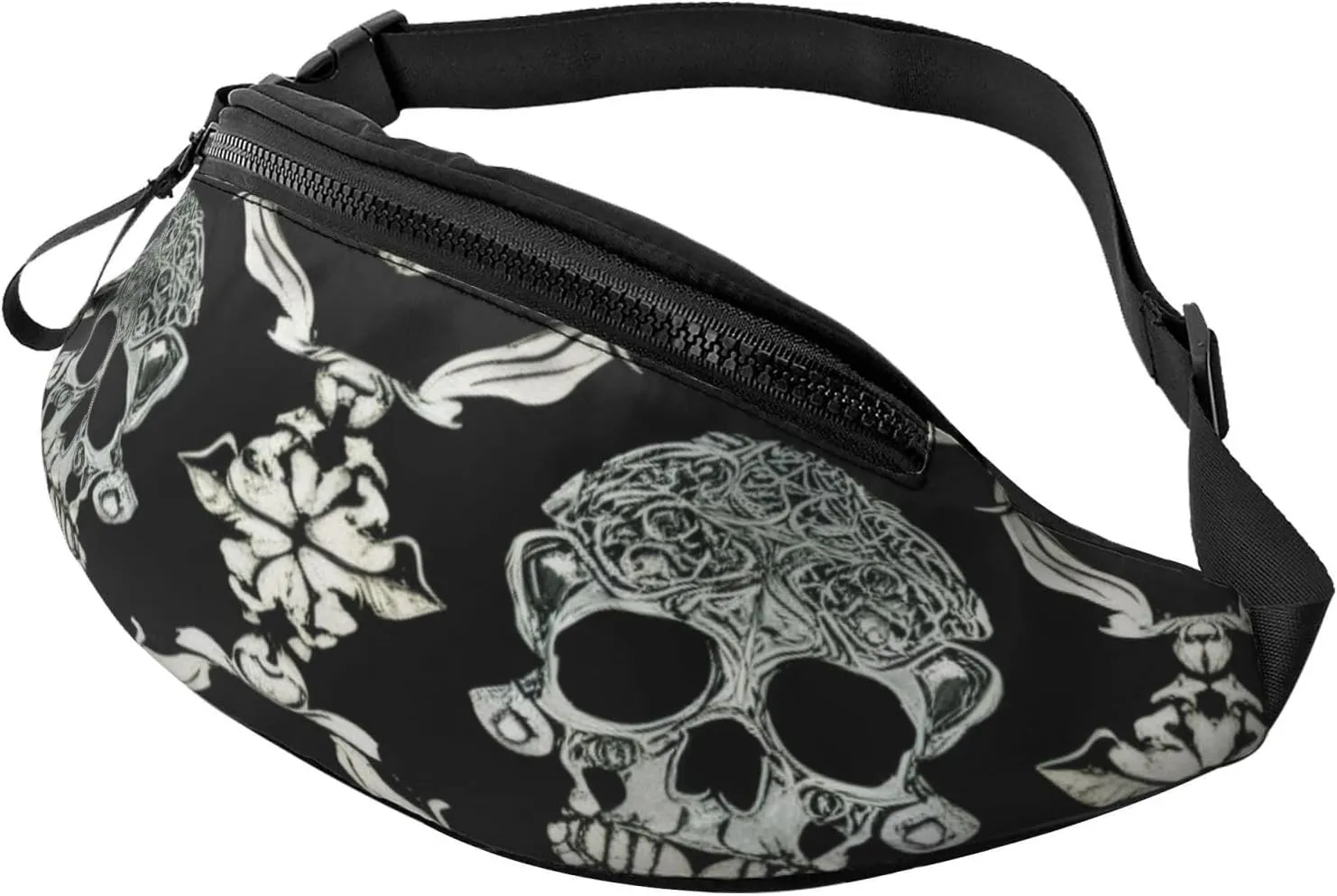Stylish 3d Flowers Skull Bumbags Waist Fanny Pack For Women Ladies Men Lightweight Bum Bag With Zip Pockets Adjustable Belt For Dog Walking Running Cycling Hiking Outdoor Sport