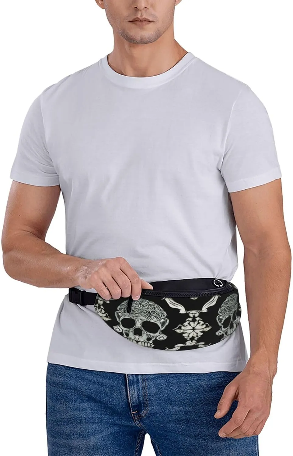 Stylish 3d Flowers Skull Bumbags Waist Fanny Pack For Women Ladies Men Lightweight Bum Bag With Zip Pockets Adjustable Belt For Dog Walking Running Cycling Hiking Outdoor Sport