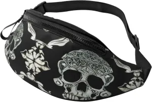 Stylish 3d Flowers Skull Bumbags Waist Fanny Pack For Women Ladies Men Lightweight Bum Bag With Zip Pockets Adjustable Belt For Dog Walking Running Cycling Hiking Outdoor Sport