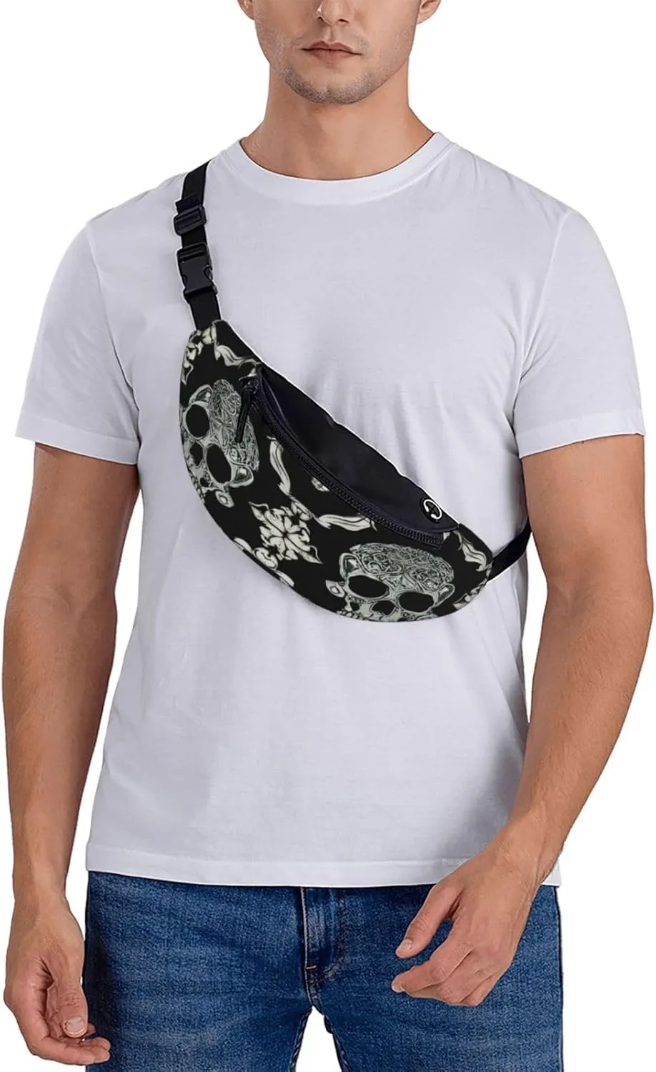 Stylish 3d Flowers Skull Bumbags Waist Fanny Pack For Women Ladies Men Lightweight Bum Bag With Zip Pockets Adjustable Belt For Dog Walking Running Cycling Hiking Outdoor Sport