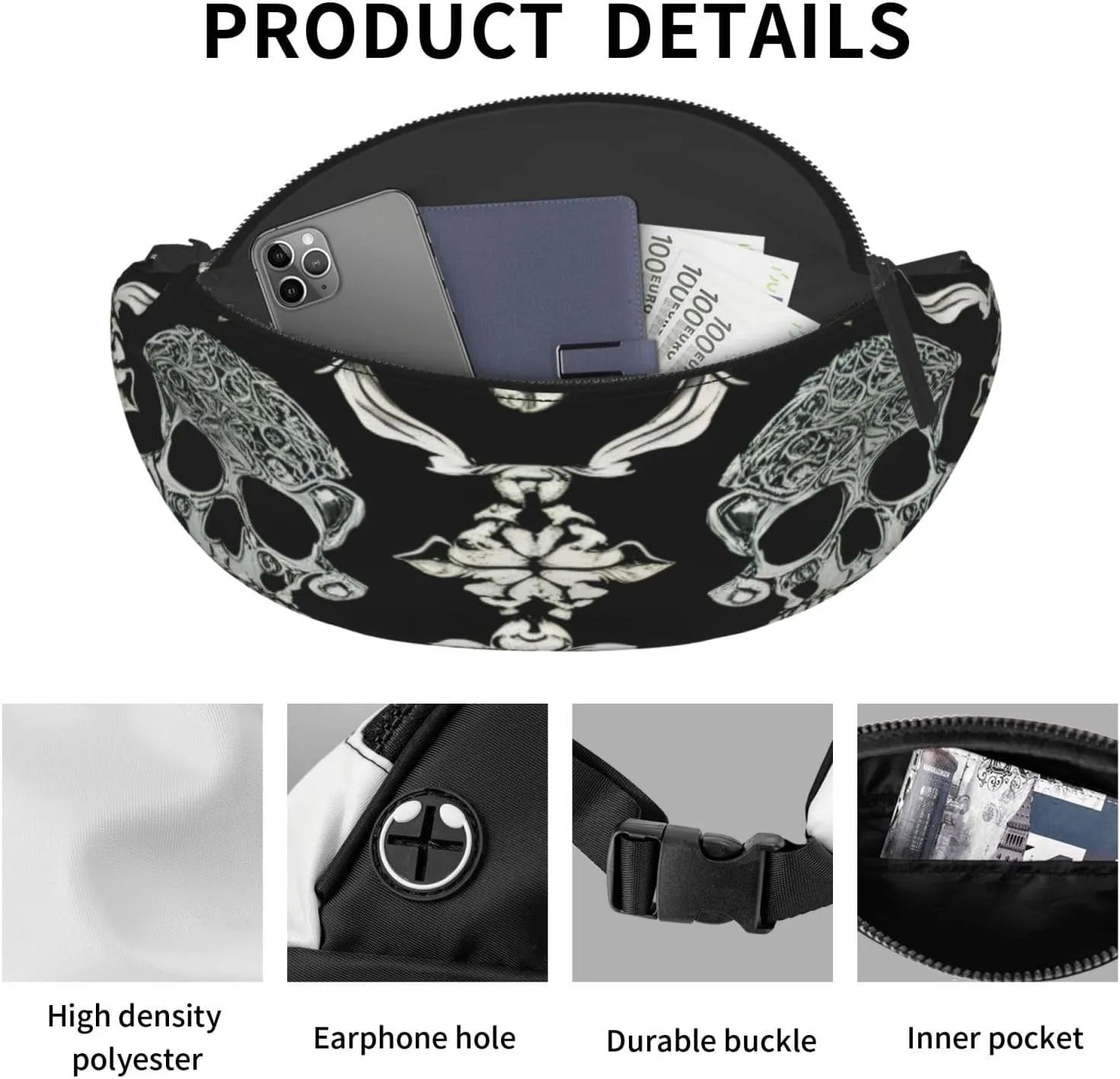 Stylish 3d Flowers Skull Bumbags Waist Fanny Pack For Women Ladies Men Lightweight Bum Bag With Zip Pockets Adjustable Belt For Dog Walking Running Cycling Hiking Outdoor Sport
